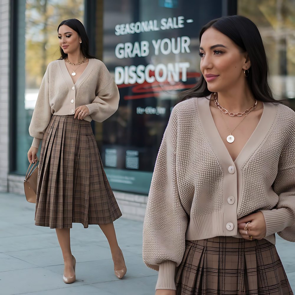 Personne examinant différentes tenues dans une boutique de mode.