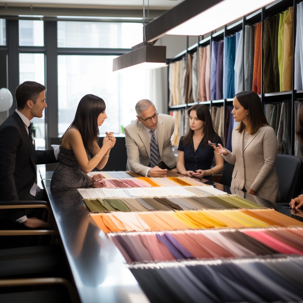 Petite série de vêtements et nuanciers de tissus dans l’atelier d’une entreprise textile.