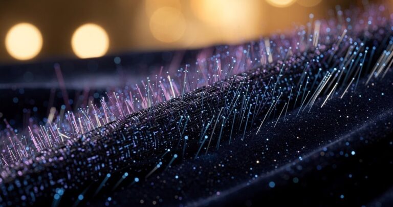 Tissu en fibre optique lumineux aux reflets bleus et violets sur fond sombre