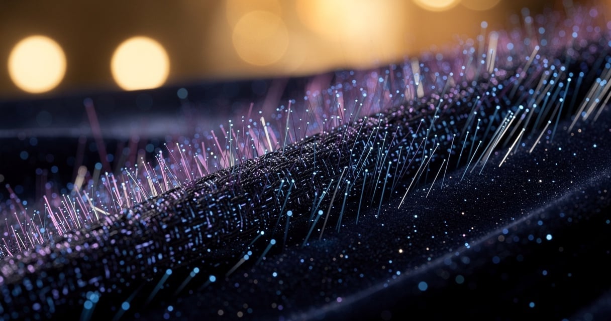 Tissu en fibre optique lumineux aux reflets bleus et violets sur fond sombre