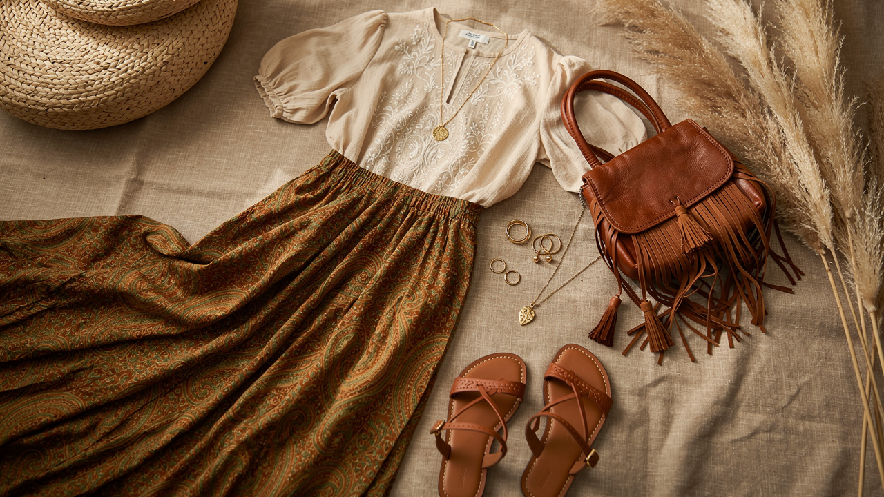 Composition de garde-robe bohème chic avec une blouse brodée, une longue jupe à motif cachemire, un sac à franges, des bijoux dorés mats et des sandales en cuir.