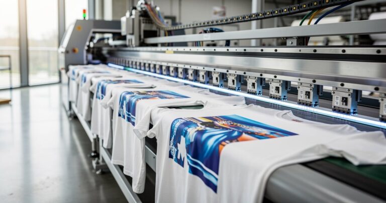 Imprimante numérique DTG en train d imprimer des t-shirts dans un atelier moderne