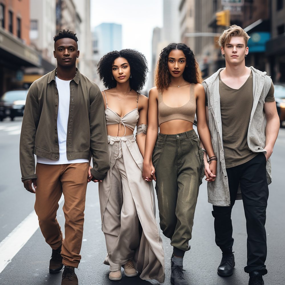 Jeunes adultes expriment leur personnalité à travers des tenues de mode différentes.