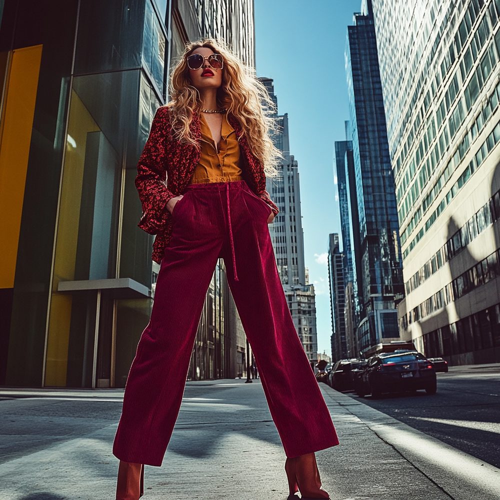 Détail d’un look féminin actuel avec veste structurée, pantalon élégant et accessoires tendance.