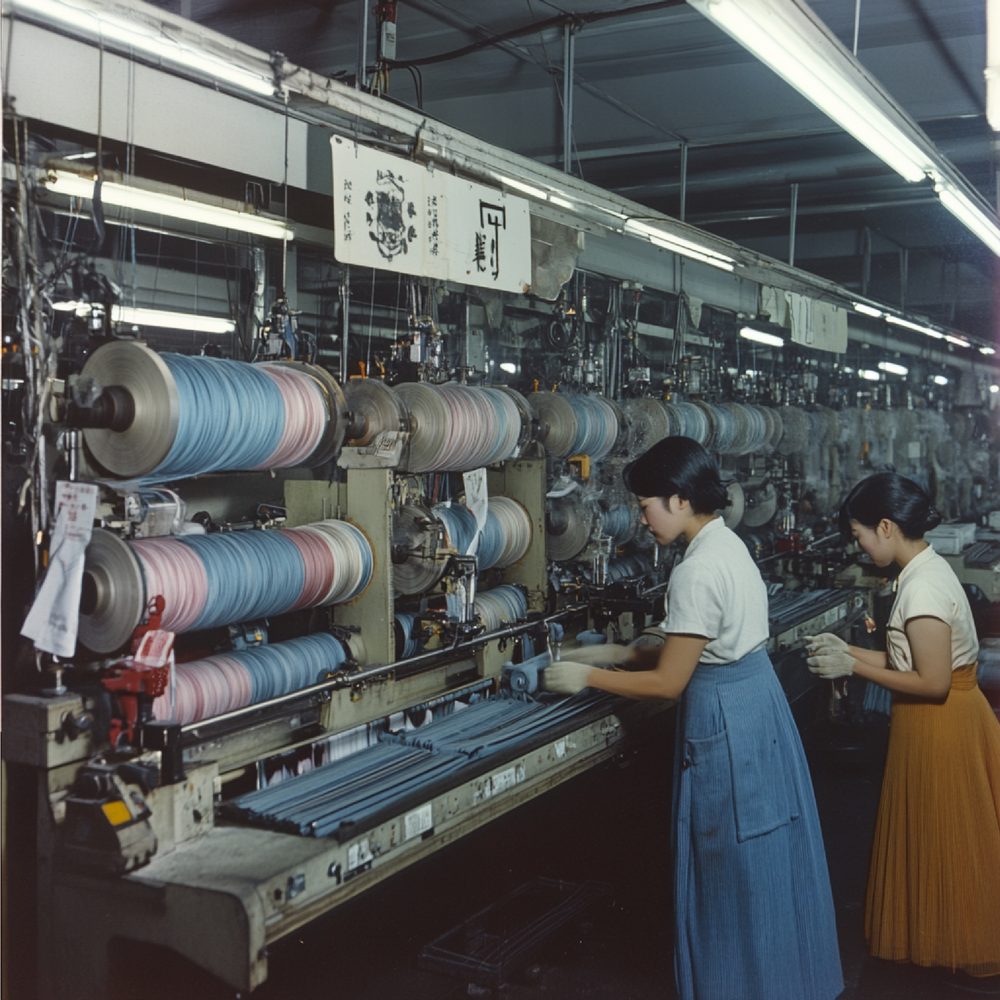 Rouleaux de tissu et équipements industriels dans un atelier de production textile.