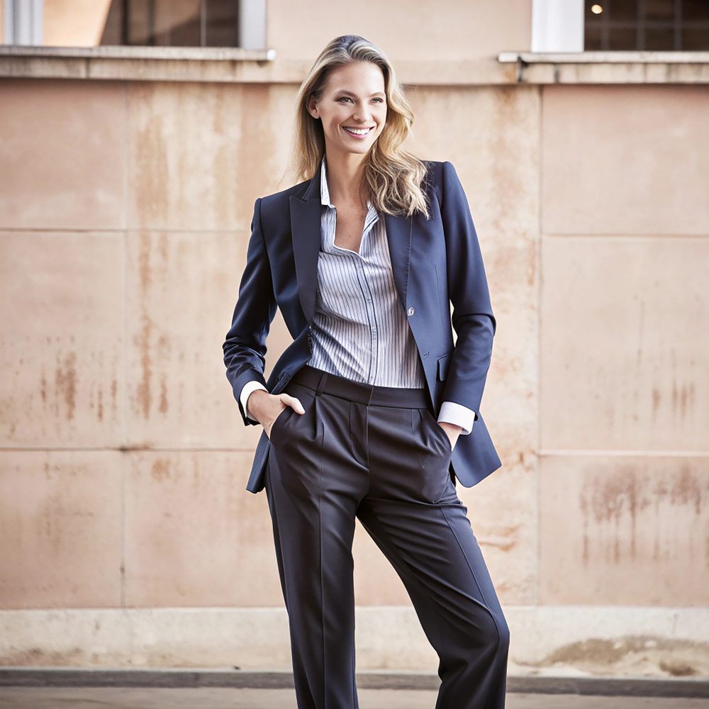 Femme en blazer et pantalon chic, ajustant ses accessoires avant de rejoindre un restaurant après le travail.