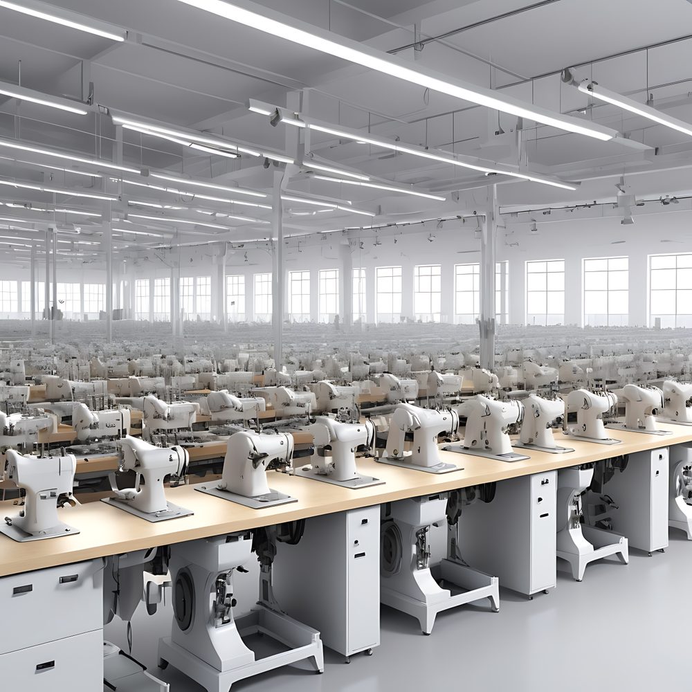Machines à coudre et rouleaux de tissu dans un atelier de fabrication de vêtements.