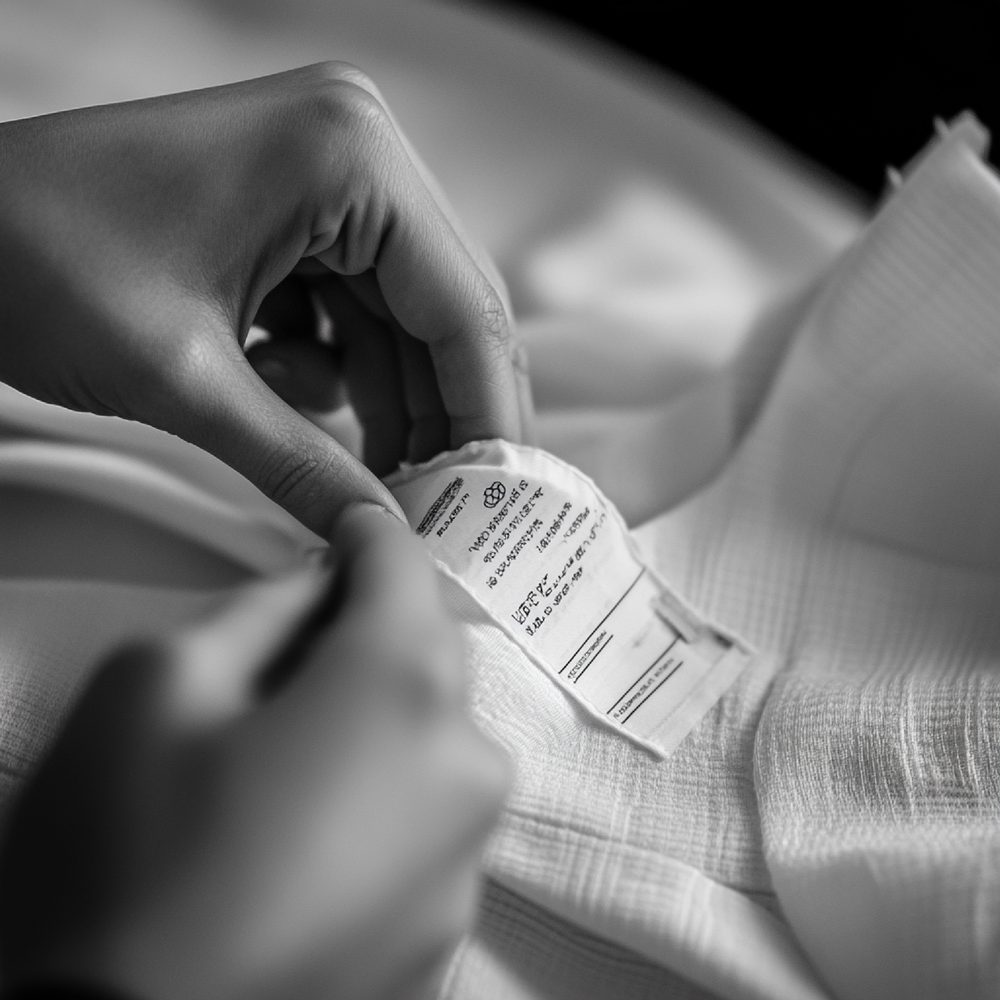 Gros plan sur une main lisant l’étiquette textile cousue à l’intérieur d’un pull.