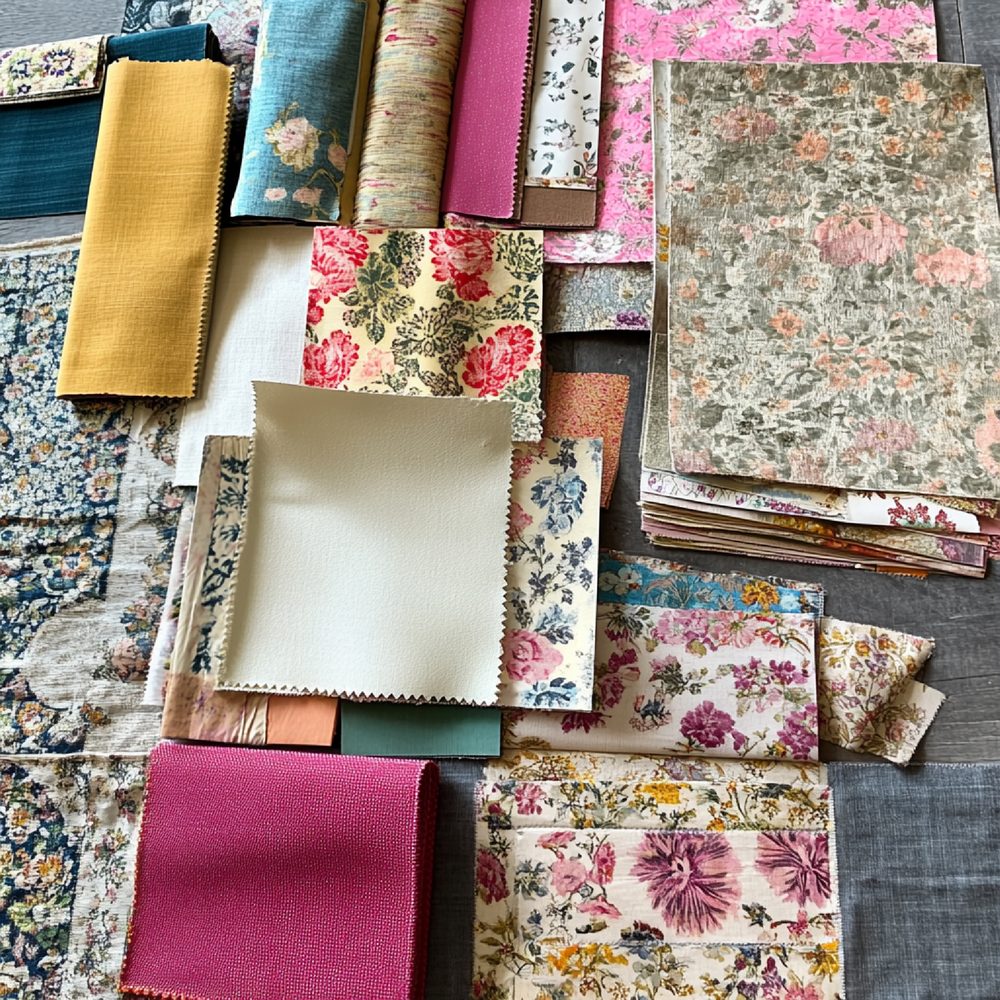 Sélection d’étoffes et de bobines de fil pour préparer un projet de couture.
