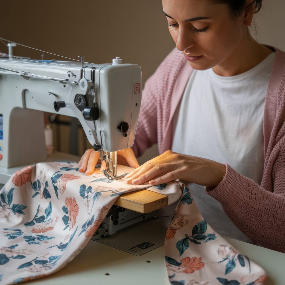 Couturière utilisant une machine à coudre pour réaliser son premier vêtement à sa taille.