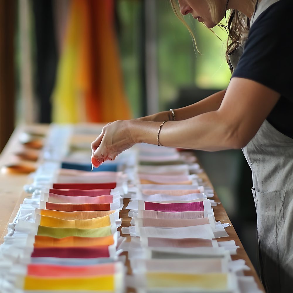 Cliente examinant des tissus de différentes matières sur un présentoir textile.